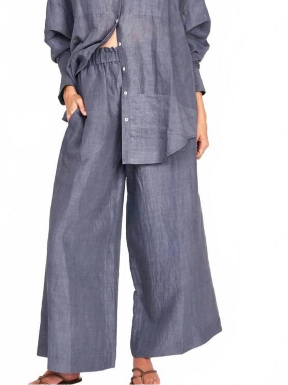 MIRTH wide leg pant in blue linen cotton blend pull on style baggie luxury pants